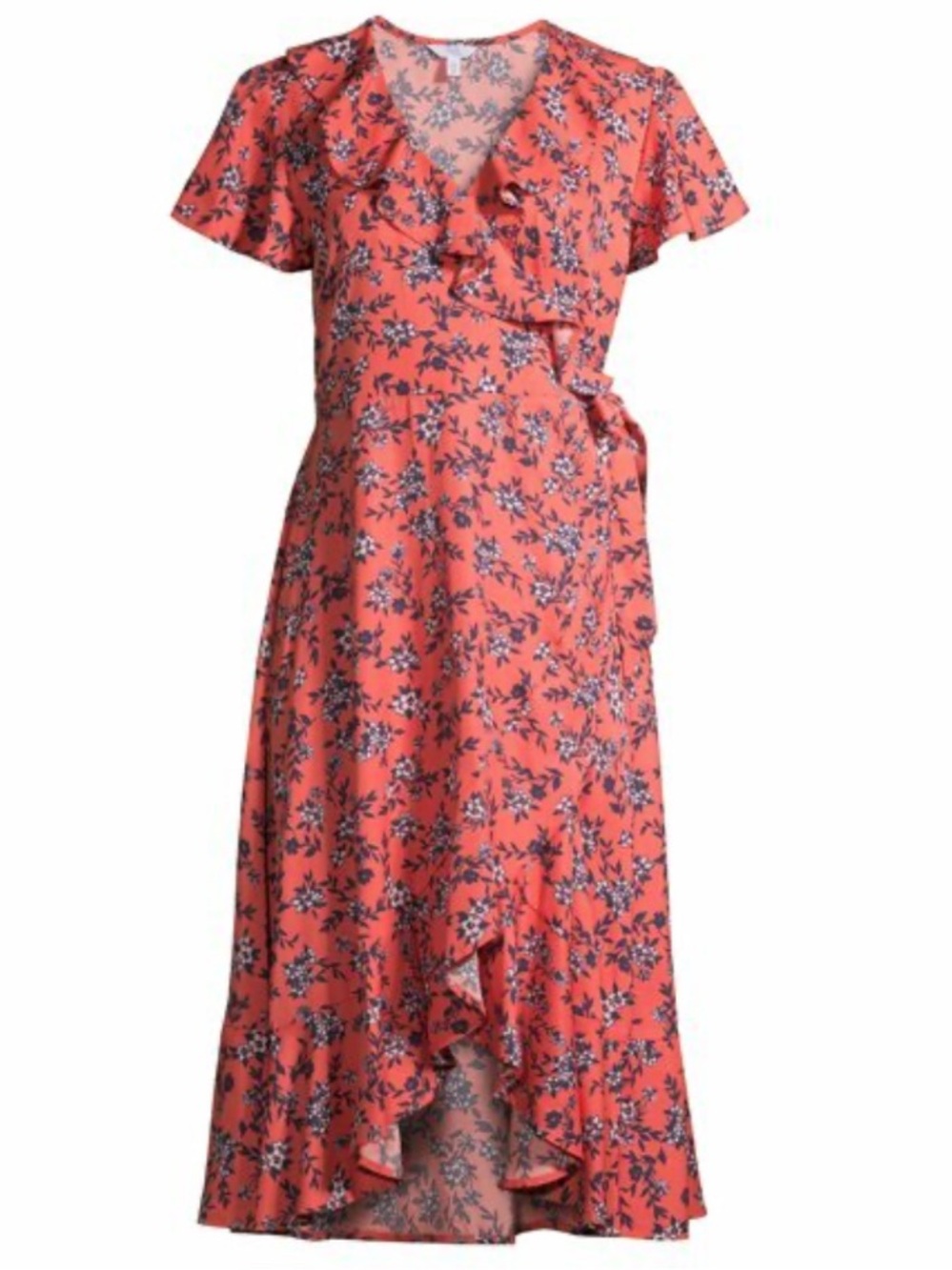 Floral Ruffle Wrap Dress in Coral